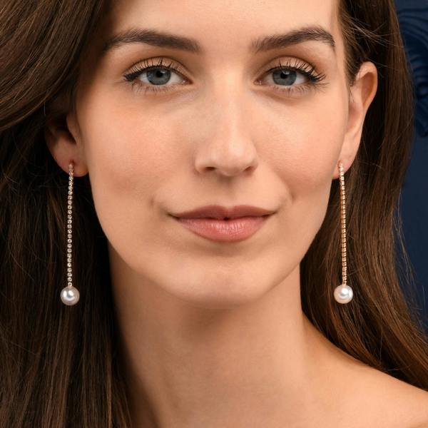 namana Gold Long Drop Earrings with Pearl and Rhinestone Chain for Women