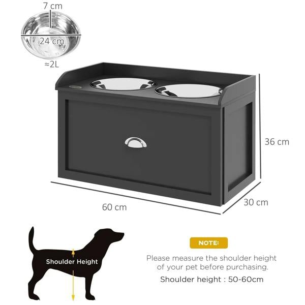 Black raised pet feeding cabinet with two stainless steel bowls and size dimensions