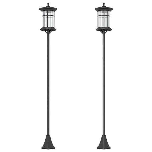 Set of two black traditional solar lamp posts with clear glass lantern tops