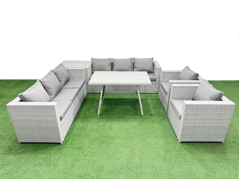 Fimous 8 Seater Garden Furniture Set PE Ratten Garden Sofa Set with Rectangular Dining Table Side Table Light Grey