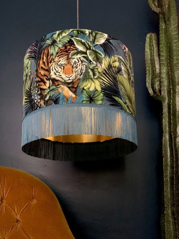 Big Cat Velvet Lampshade With Gold Lining And Fringing