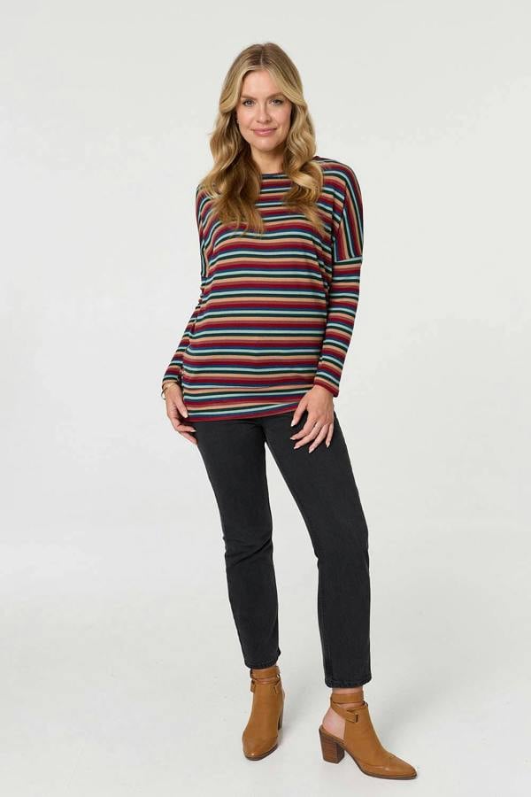 Red | Striped Print Relaxed Batwing Top
