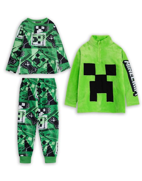 Vanilla Underground Minecraft Boys Green Creeper Long Sleeve Long Leg Pyjama and Jumper 3 Piece Set