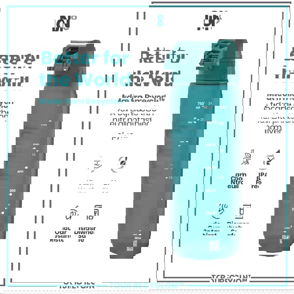 A teal water bottle sits against a white background. It displays volume markings and boasts features such as carbon neutrality, BPA-free composition, odour resistance, and dishwasher safety. The bottle is made from Recyclon™, a plant-based polymer.
