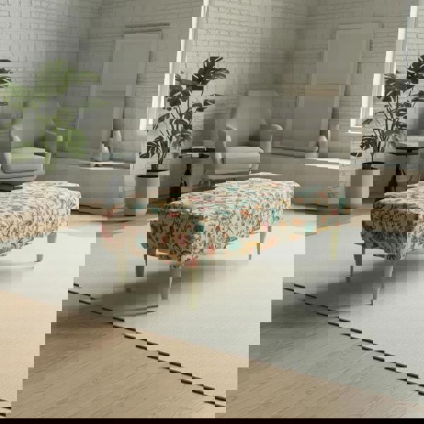 Durable designer fabric footstool with elegant solid wood construction