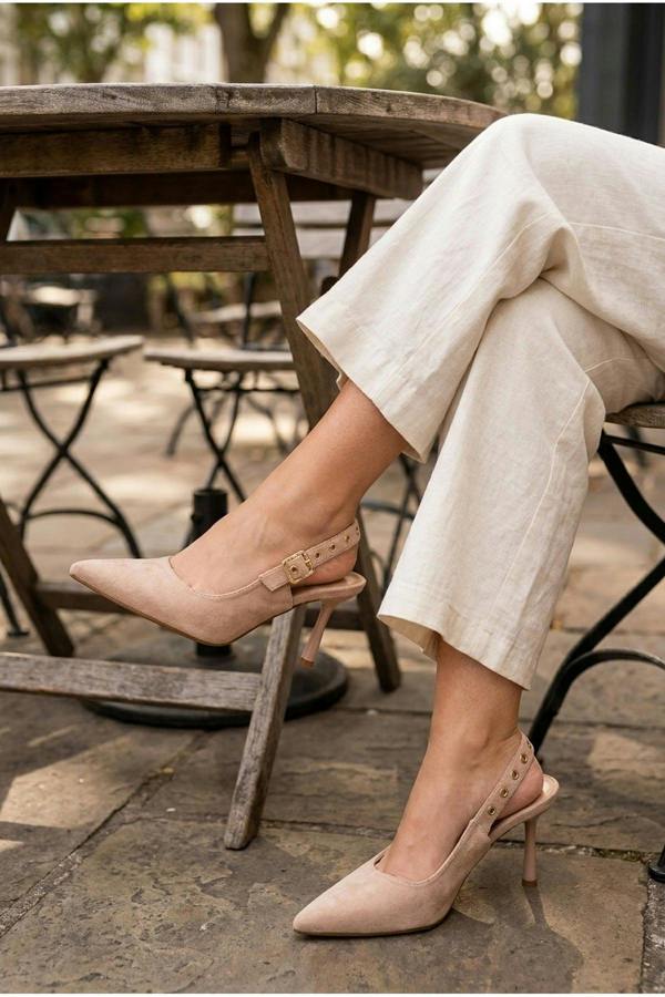 Anais Faux Suede Pointed Toe Heels - Beige
