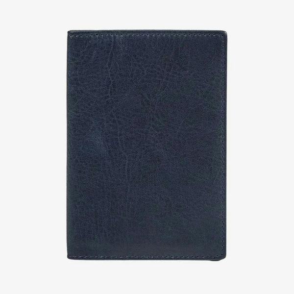 Front view of Navy leather passport holder on a white background