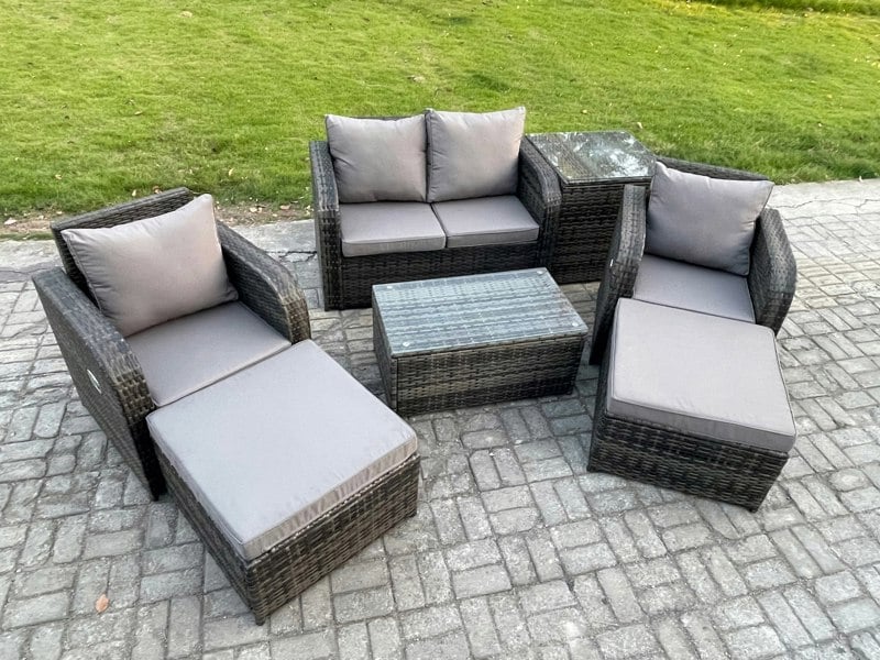 Fimous Outdoor Lounge Sofa Set Rattan Garden Furniture Set with Rectangular Coffee Table 2 Big Footstool Side Table Dark Grey Mixed