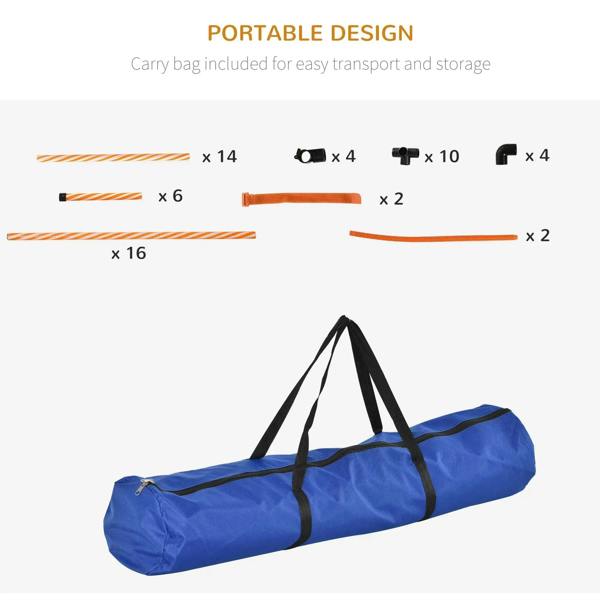 Blue carry bag with orange-and-white agility training obstacle poles and hardware pieces