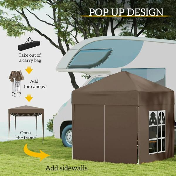 Coffee-brown pop-up gazebo tent with roof frame and removable sidewalls