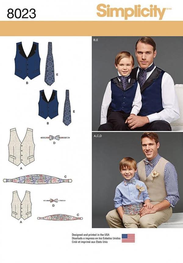 Simplicity Sewing Pattern 8023, Waistcoats, Ties for Kids, Men, A (S - L / S - XL) - Intermediate