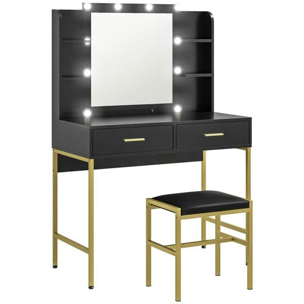 Black dressing table set with illuminated mirror, two drawers, and matching upholstered stool