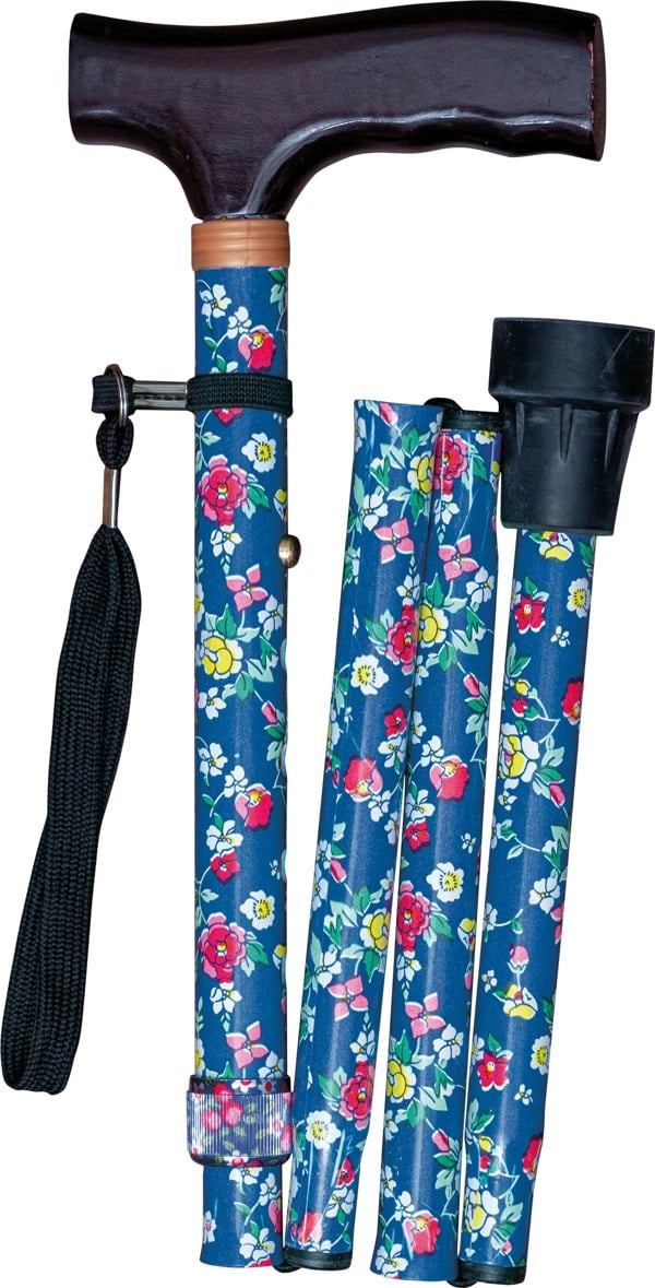 Aidapt Folding Walking Stick With Strap Blue Floral