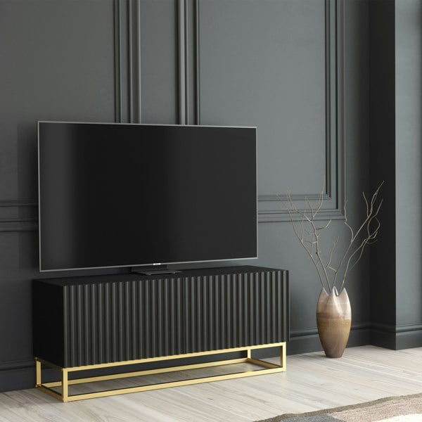 Mex Furniture Modern Black TV Unit with Gold Base 100cm – Fluted Fronts & Push-Down Doors