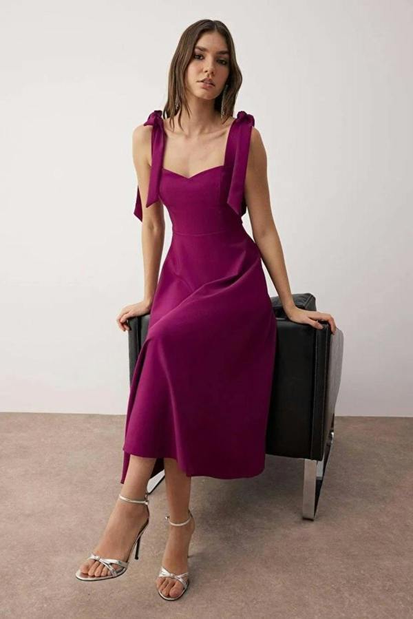 Hoxton Gal Elegant Woven Midi A-Line Dress with Tie-Strap Detail