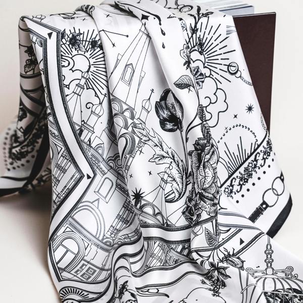 Monochrome Nautical Twill Silk Scarf – Printed Mulberry Silk, Hand-Rolled Hem