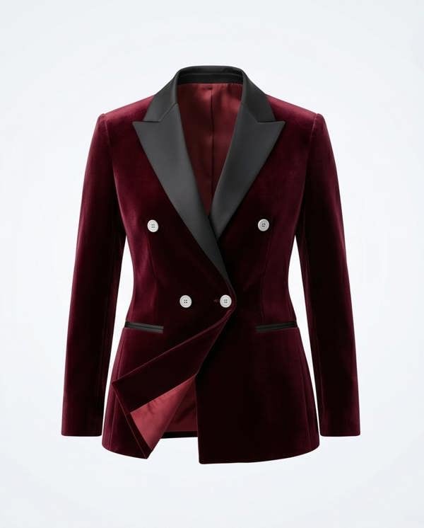 Maroon blazer with black lapels on a light gray background