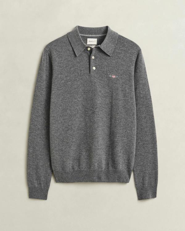 GANT Mens Superfine Lambswool Long Sleeve Polo - 90 Charcoal Melange | CHO | Designer Mens Long Sleeve Polo Shirts