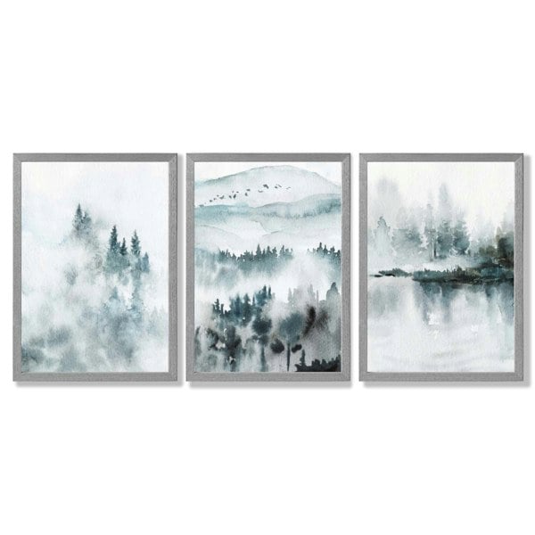 Artze Wall Art Teal Blue Abstract Forest Lake Set of 3 Framed Wall Art