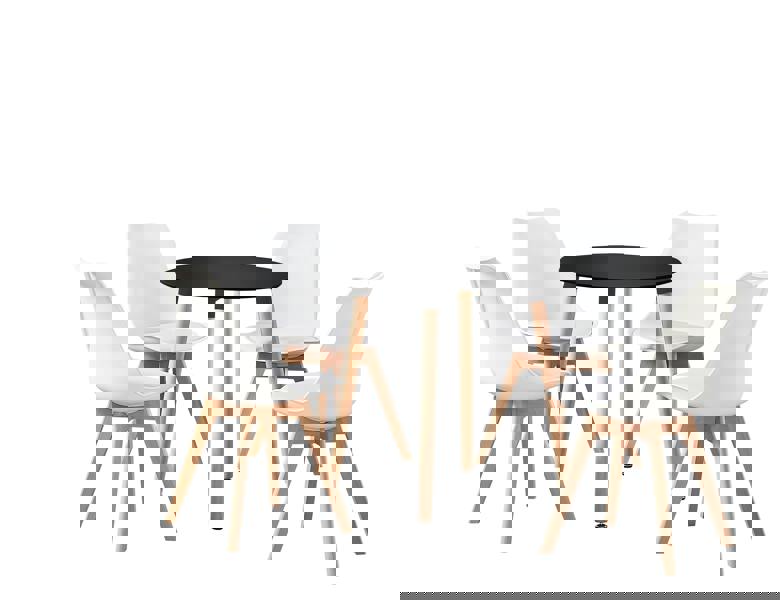 Life Interiors 5PCs Dining Set - a Black Round Dining Table & Set of 4 White Lorenzo Tulip chairs with Padded Seat