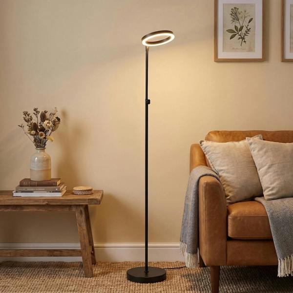 Modern LED Halo Ring Floor Lamp in Matte Black with CCT Dimmer Button Image 6