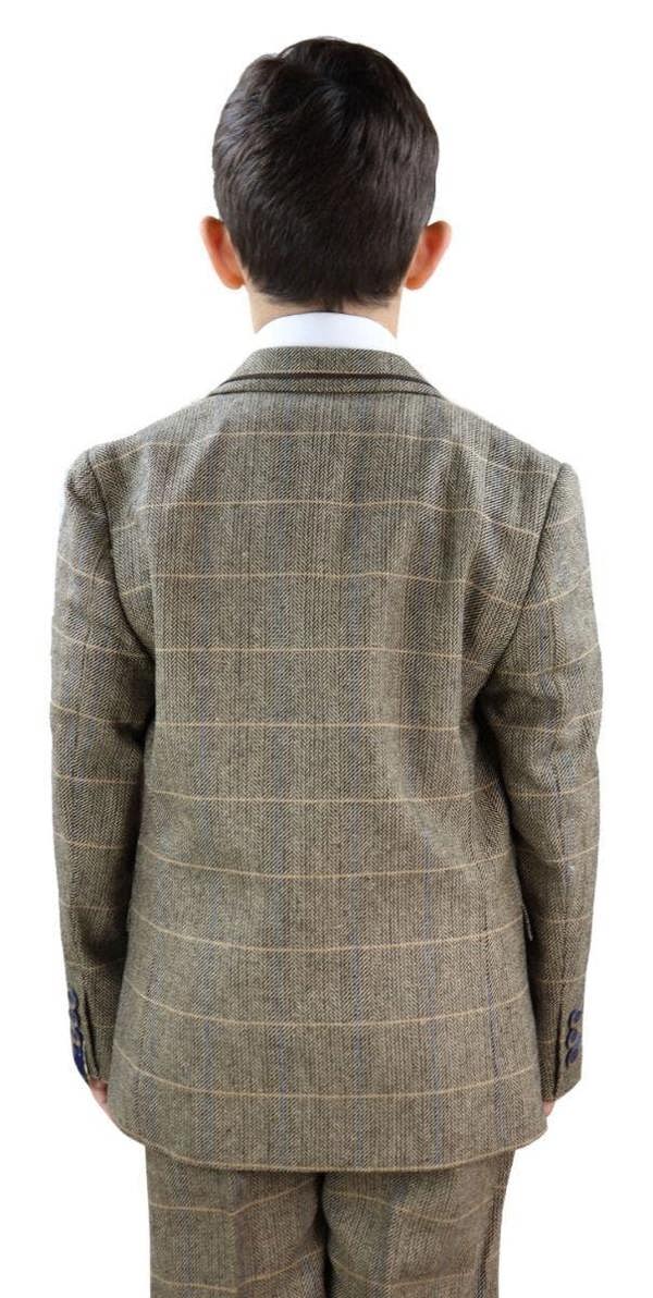 House of Cavani Boys 3 Piece Tan Brown Herringbone Tweed Check Classic  Suit