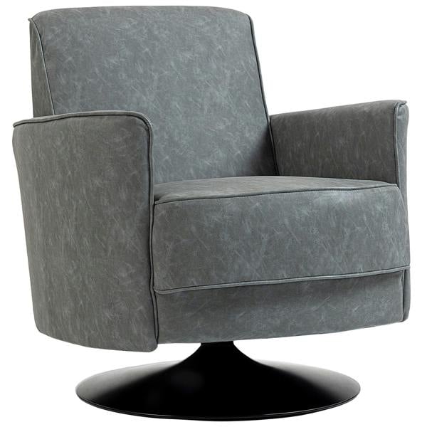 Grey upholstered swivel accent chair with thick padding, rounded arms, curved back.