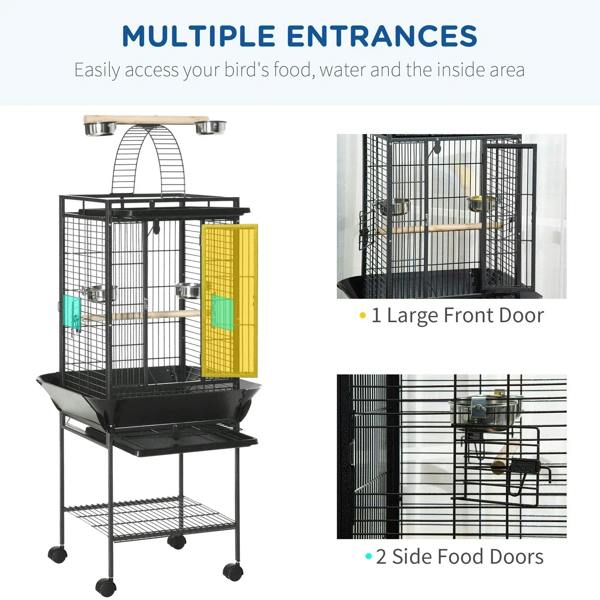Dark grey bird cage with large front door and side food doors for easy access