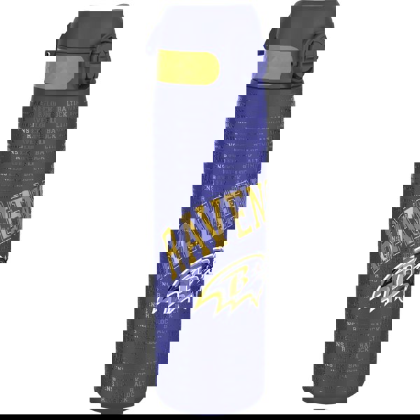 A blue water bottle, featuring the Baltimore Ravens logo and repeated text “Ravens Flock Baltimore,” stands on a white background.