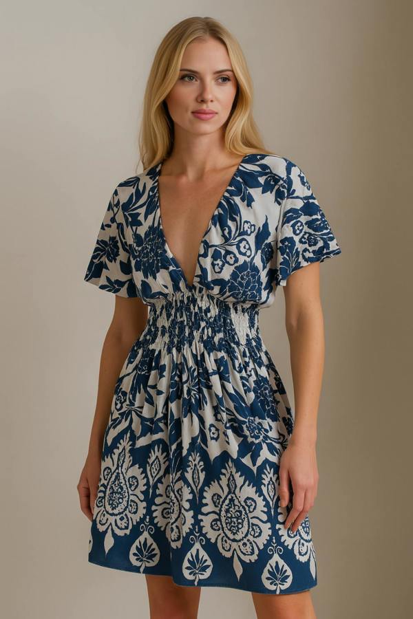 Hoxton Gal Oversized Floral V-Neck Boho Style Smocked Mini Dress