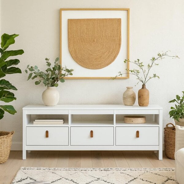 Wyld Haus Wildberry Matt White Wooden TV Unit 3 Drawers Leather Handles