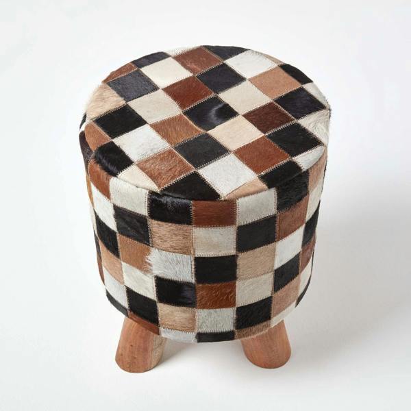 HOMESCAPES Cream, Brown and Tan Hide Check Stool with Wooden Legs
