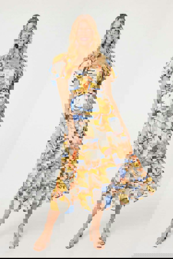 Blue | Printed Puff Sleeve Midi Dress : Model is 5'10"/178 cm and wears UK8/EU36/US4/AUS8