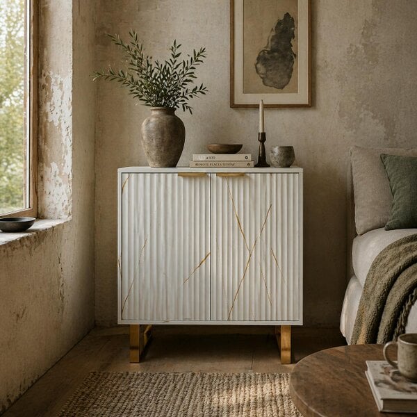 Wyld Haus Redi Sora White And Gold Elegant Sideboard With Ribbed Finish