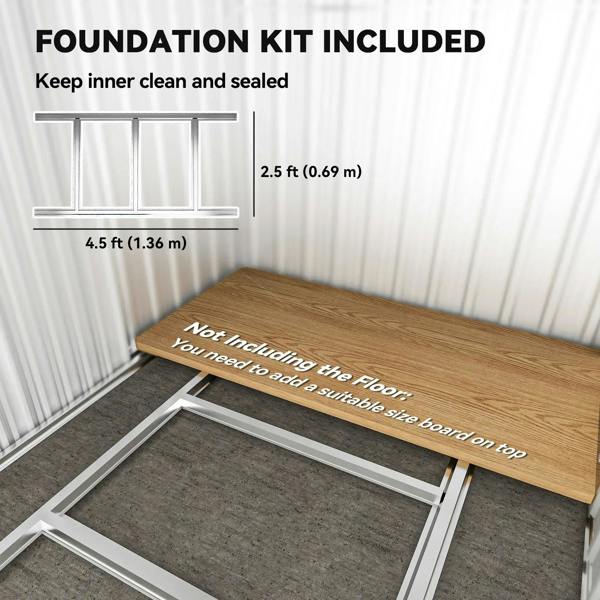 Foundation kit illustration with platform frame and floor boards for metal shed