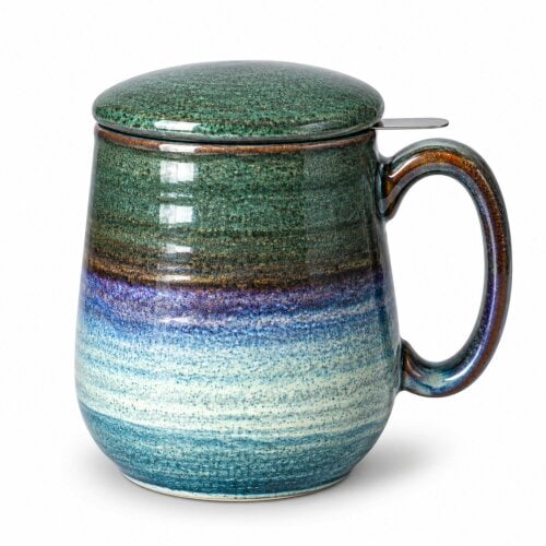 Skandi Home Aska Large Ocean Teal Reactive Glaze Ceramic Infuser Mug with Lid and removable Stainless Steel Infuser