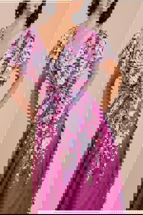 Flutter Sleeve A-Line Chiffon Floral Printed Midi Dress - Magenta DR4481