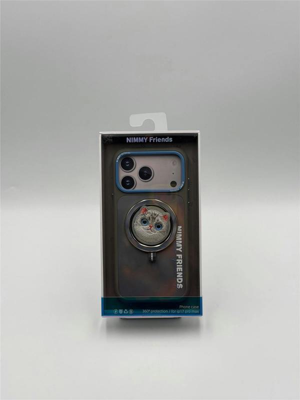 Nimmy Friends Nimmy Big Eye Cute Pet Silver Shaded Cat Face Case with Detachable MagSafe Grip for iPhone 17 Pro Max 6.9" Grey Blue