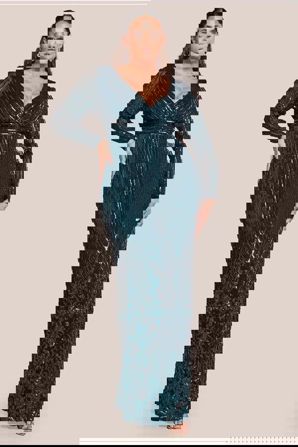 Long Sleeve Sequin V Wrap Maxi Dress - Emerald Green DR3485PLUS