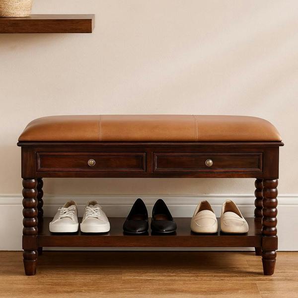 Artisan Furniture Solid Wood Spindle Winewood Leather Bench