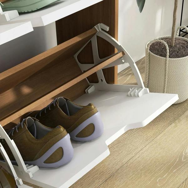 Natural wood shoe cabinet interior with open flip drawer supports and shoes