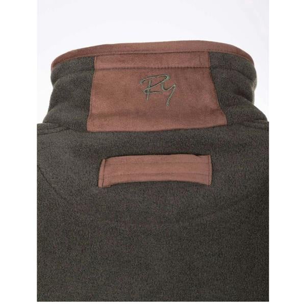Close-up of the collar trim and embroidered logo on the Khaki Huggate waistcoat
