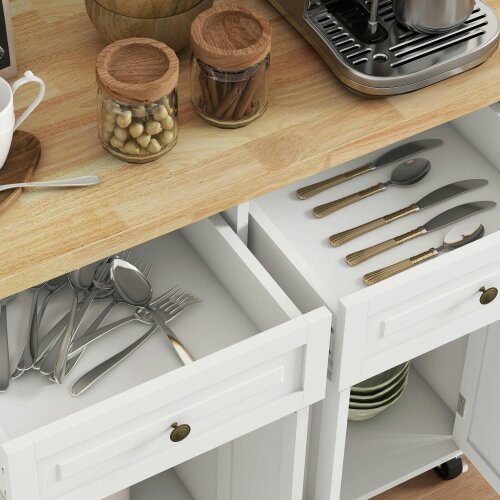 Wyld Haus Vivali Rubberwood And Wooden Cream White Rolling Kitchen Island With Drawers And Storage