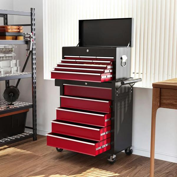 Tool storage chest on wheels with side handle, open top case and red drawers