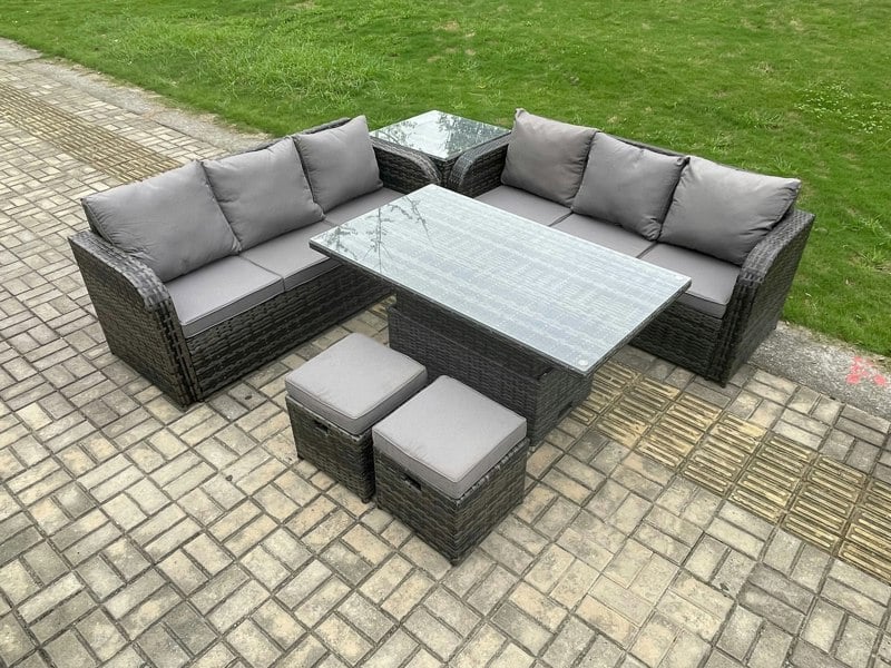 Fimous Outdoor Rattan Garden Furniture Sets Height Adjustable Rising lifting Dining Table Sofa Set with Side Table 2 Small Footstools Dark Grey Mixed