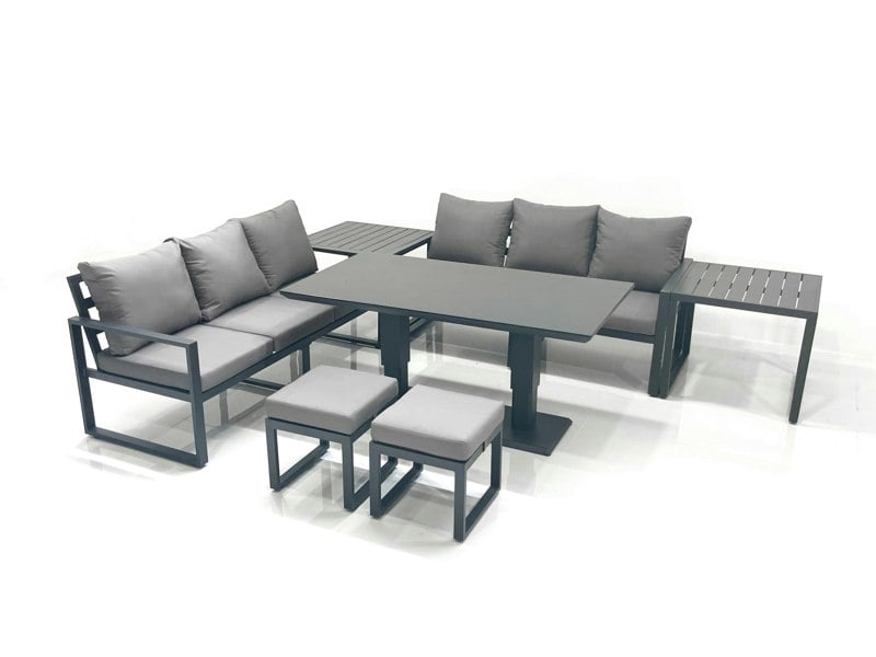 Fimous 8 Seater Aluminium Outdoor Garden Furniture Set with Adjustable Rising Dining Table 3 Seater Sofa 2 Small Footstool 2 Side Tables Dark Grey