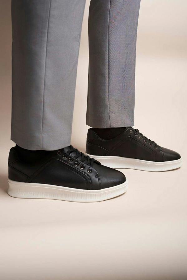 Noah Low Top Faux Leather Lace Up Trainers For Men - Black
