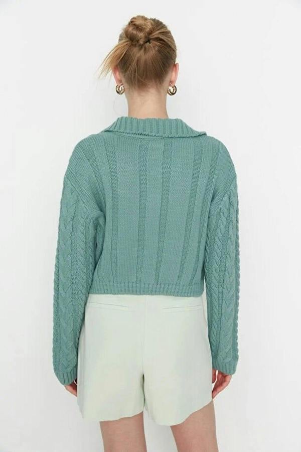 WOVCOR Crop Polo Neck Knit Cardigan with Covered Button Detail