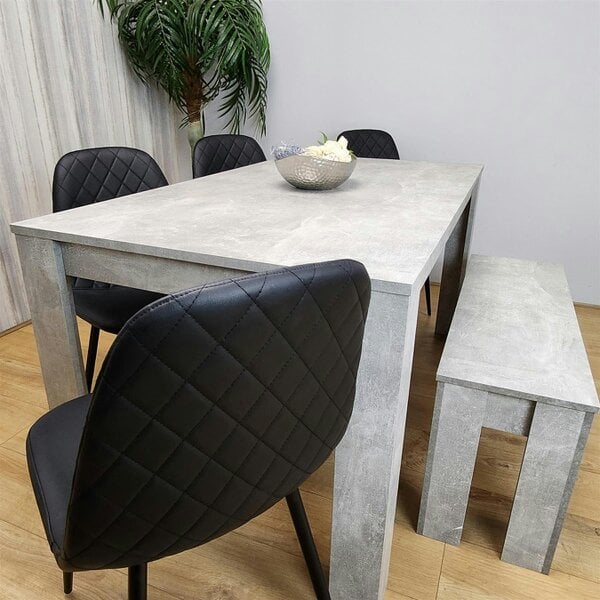 Kosy Koala Dining Table and 4 Chairs With Bench Stone Grey Effect Wood Table 4 Black Leather Chairs Dining Room