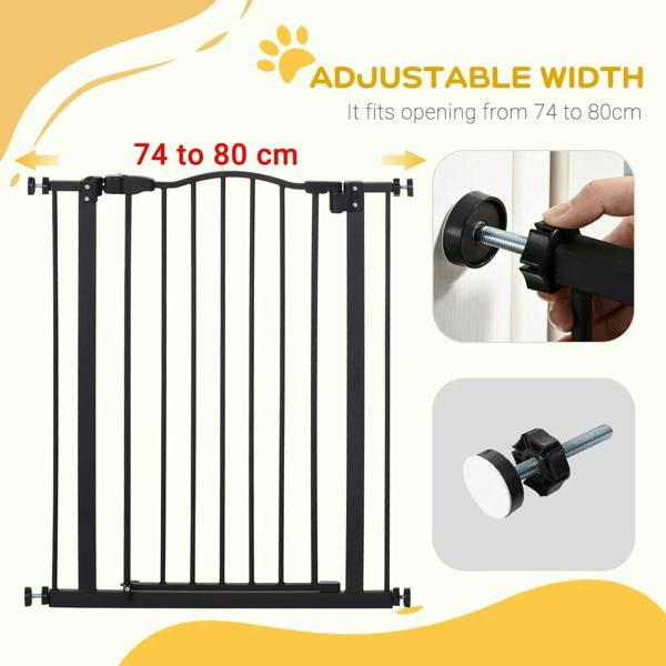 Black pressure-fit dog gate shown with adjustable width hardware
